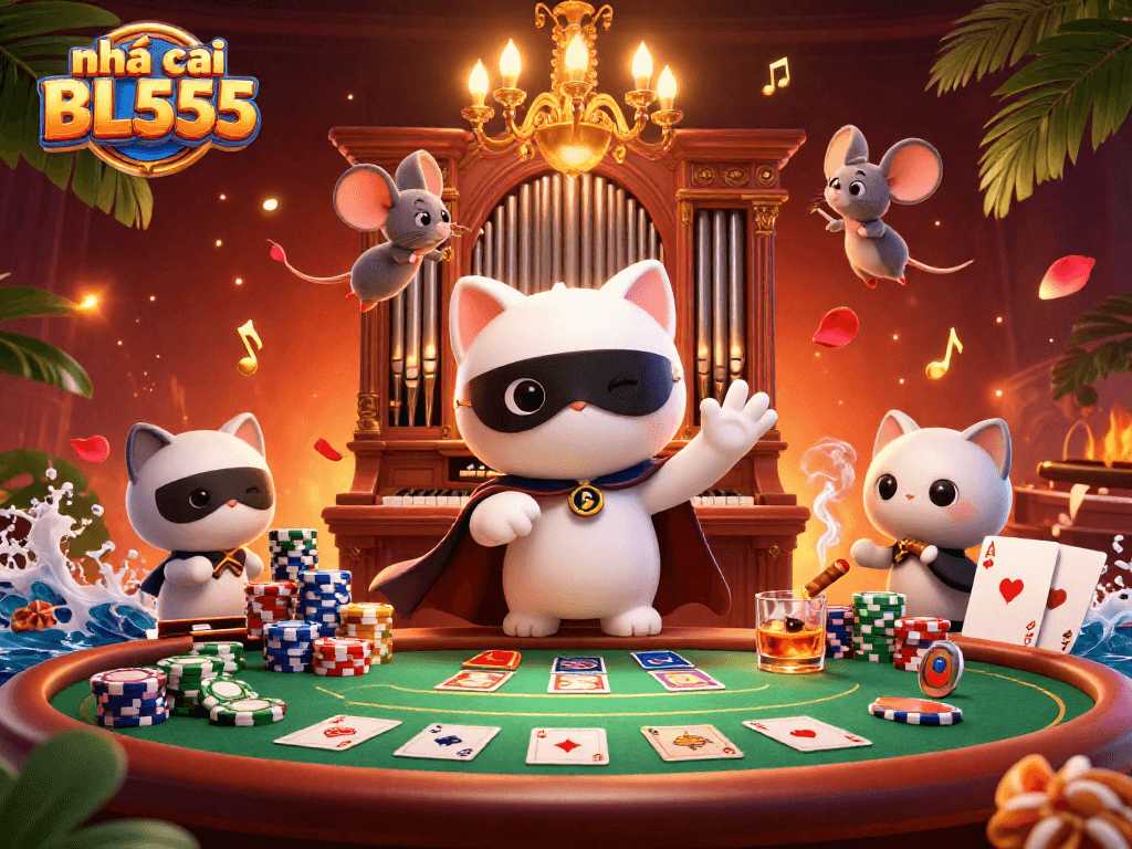 Experience the thrill at nhà cái BL555 with a vibrant 3D casino scene featuring dynamic characters and game elements.