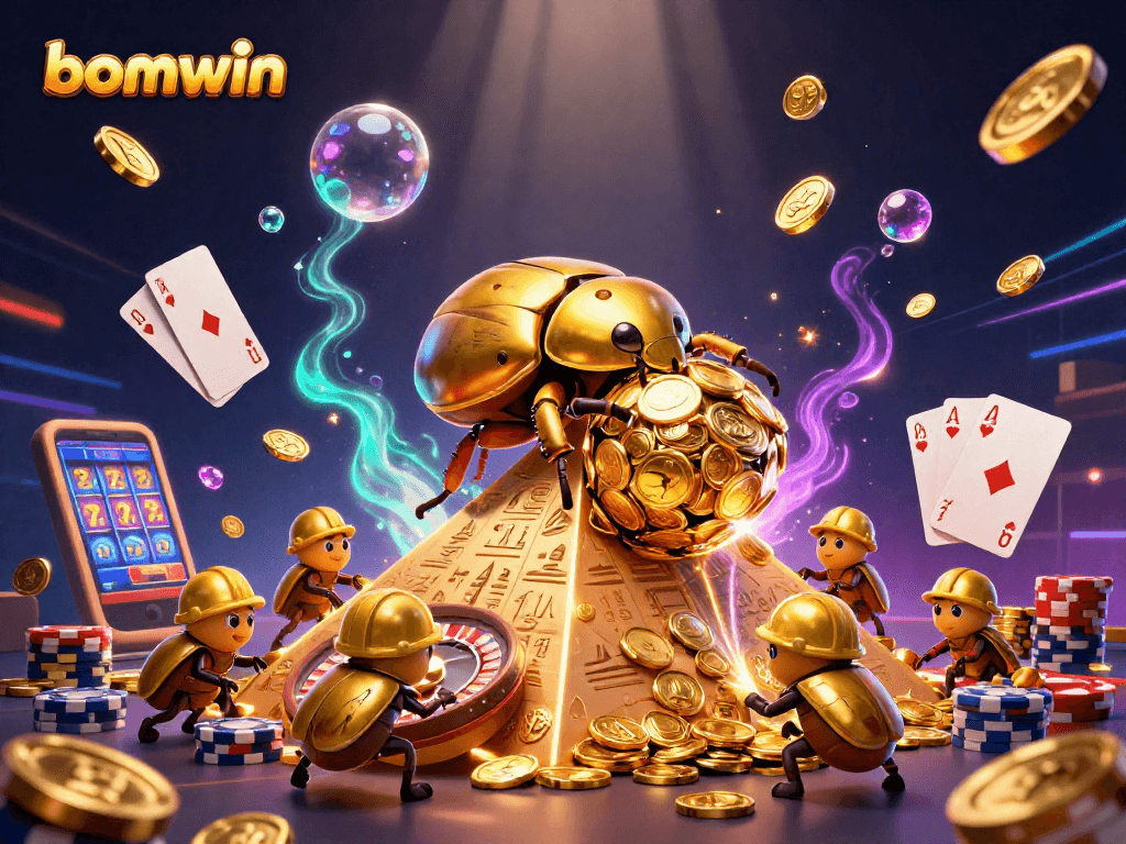 Experience bomwin's excitement with a vibrant scene featuring golden coins, roulette wheels, and dynamic casino symbols.