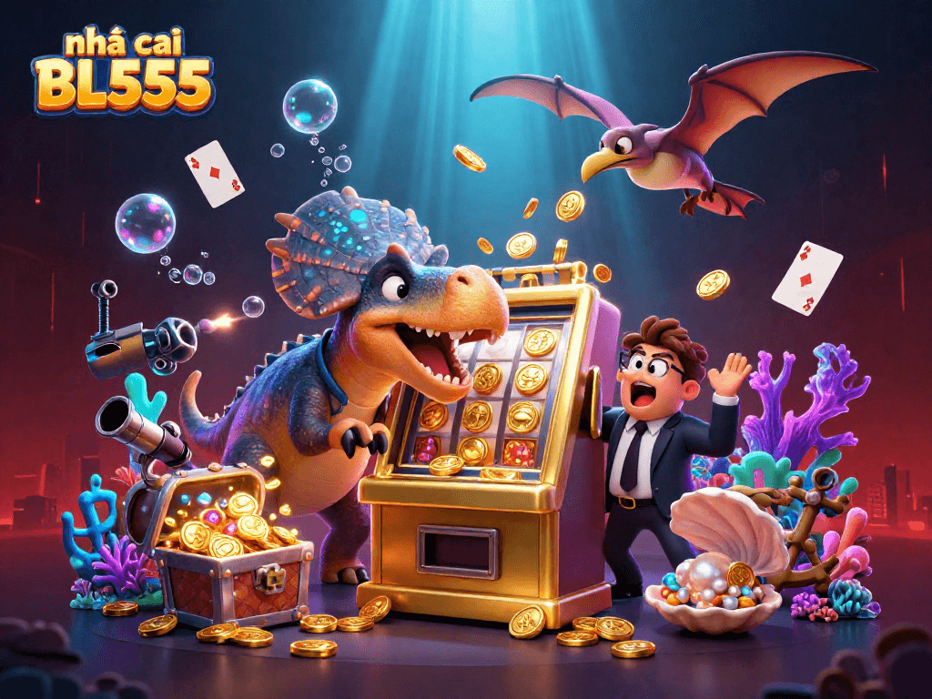 Experience the adventure at nhà cái BL555 as a dinosaur wins jackpots at a vibrant casino scene filled with treasure.