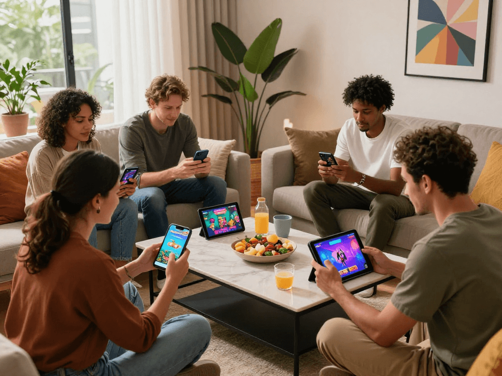 Engaging scene of adults enjoying mobile porn games together in a stylish living room.