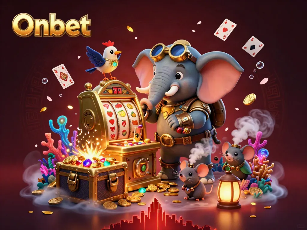 Engage in thrilling chances at Onbet with a steampunk-themed slot scene packed with colorful treasures.