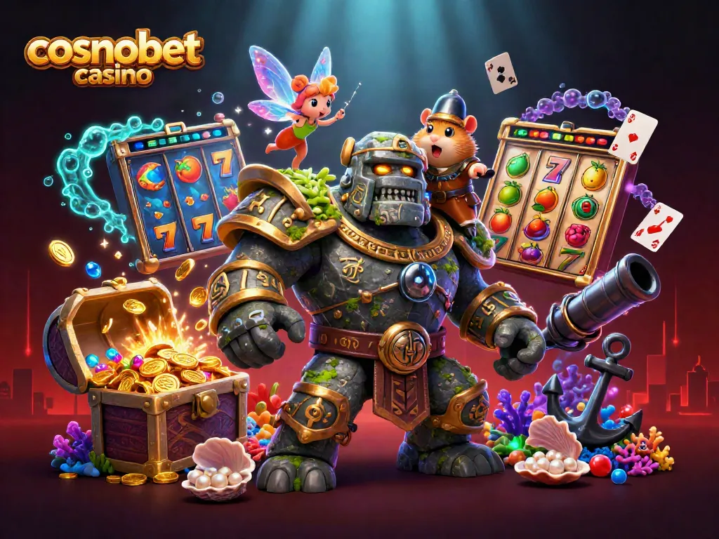 Engage with the vibrant world of Cosmobet Casino showcased in a magical battle with animated characters.