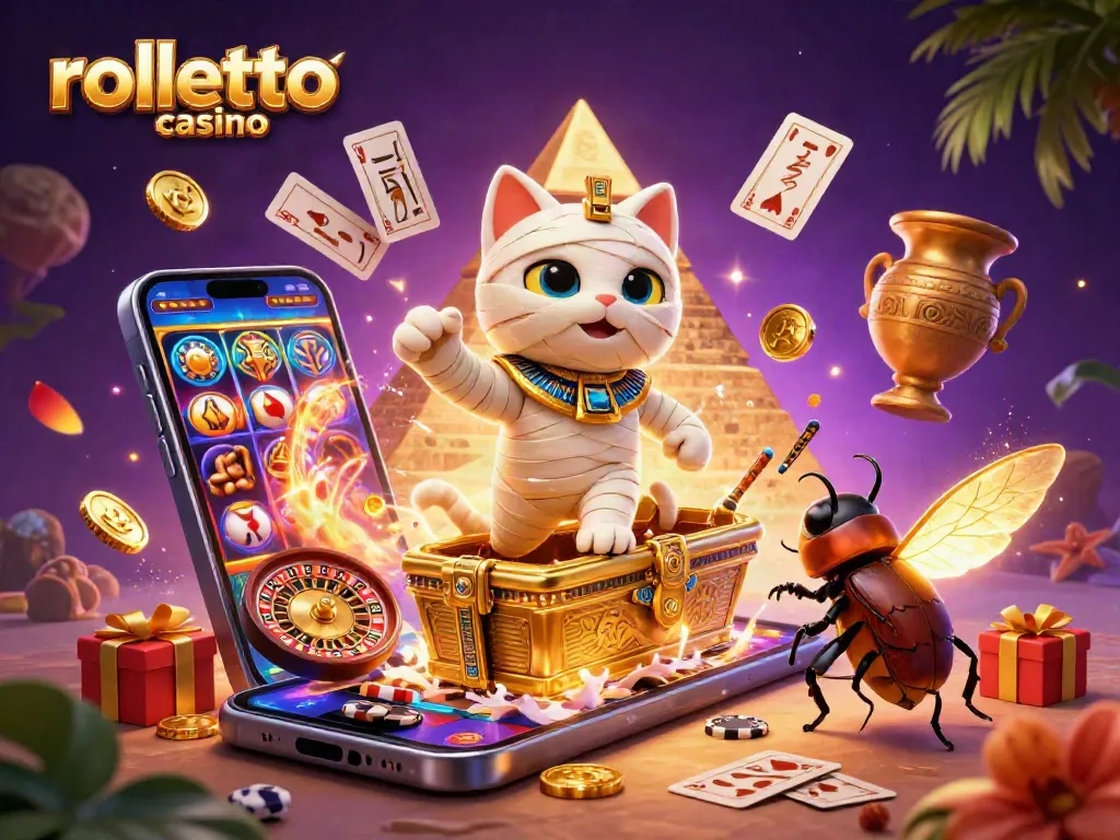 Experience rolletto casino with vibrant gaming elements and enchanting characters in a dynamic pyramid casino scene.