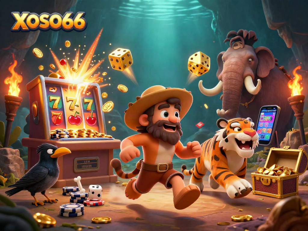 Spin the reels with XOSO66 as colorful slot symbols burst into an exciting prehistoric casino scene