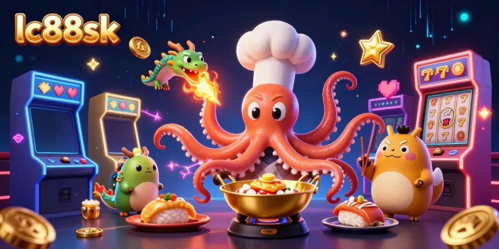 Engage with the vibrant lc88sk casino world featuring a fun sushi chef octopus and thrilling gaming elements.