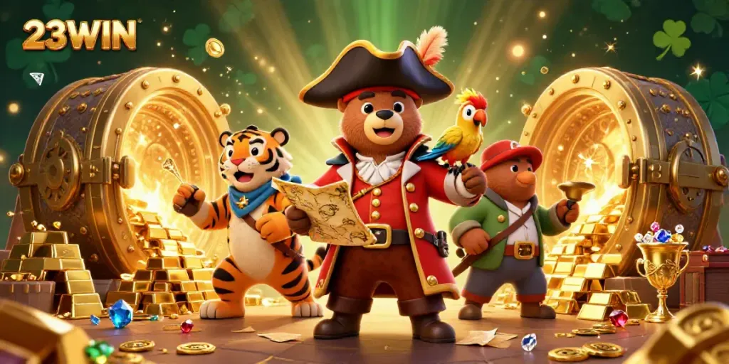 Experience the adventure of 23WIN with a pirate bear, a fierce tiger, and treasures in a vibrant casino scene.