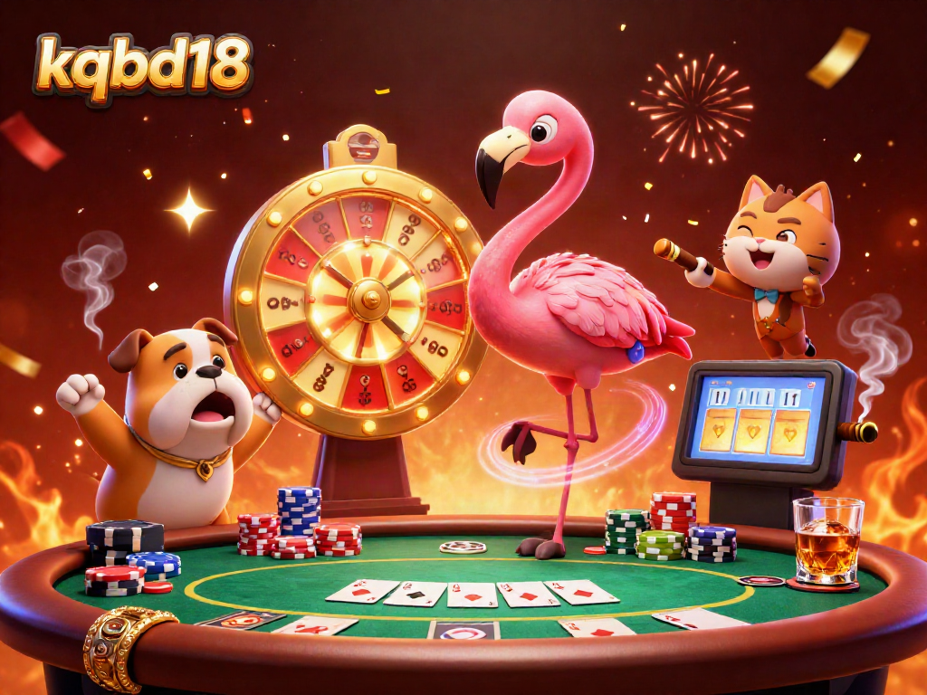 Engage with kqbd18's exciting casino scene featuring a flamingo host and bulldog contestant.
