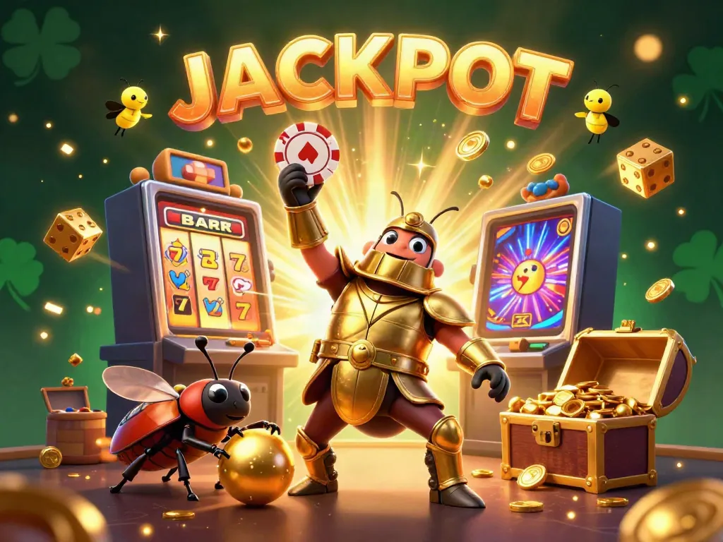 Toto themed casino illustration with a hercules beetle celebrating a win amidst jackpots and slot machine elements.