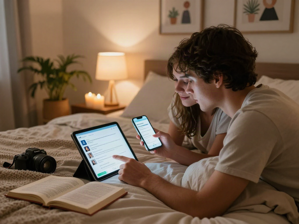 AI sex integration in relationships: couple engaging with technology in a cozy bedroom.