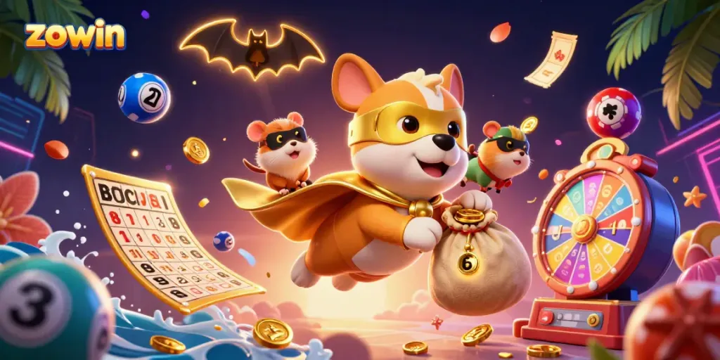 Zowin brings excitement with a superhero dog and hamster amidst colorful casino elements.