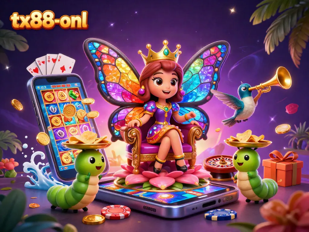 Experience the thrill at tx88-onl as a vibrant butterfly queen presides over an exciting casino scene.