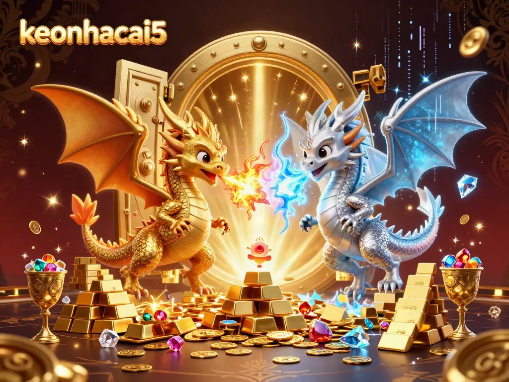 Bet on keonhacai5 amid dynamic 3D dragons in a luxurious casino treasure scene.