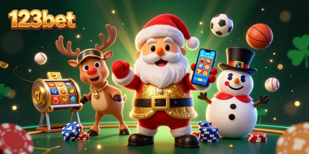 Engage with 123bet at a vibrant casino scene featuring Santa Claus, reindeer, and a snowman celebrating wins.