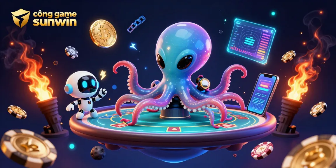 Cổng game sunwin features a vibrant 3D cartoon octopus at a holographic poker table surrounded by cryptocurrency elements.