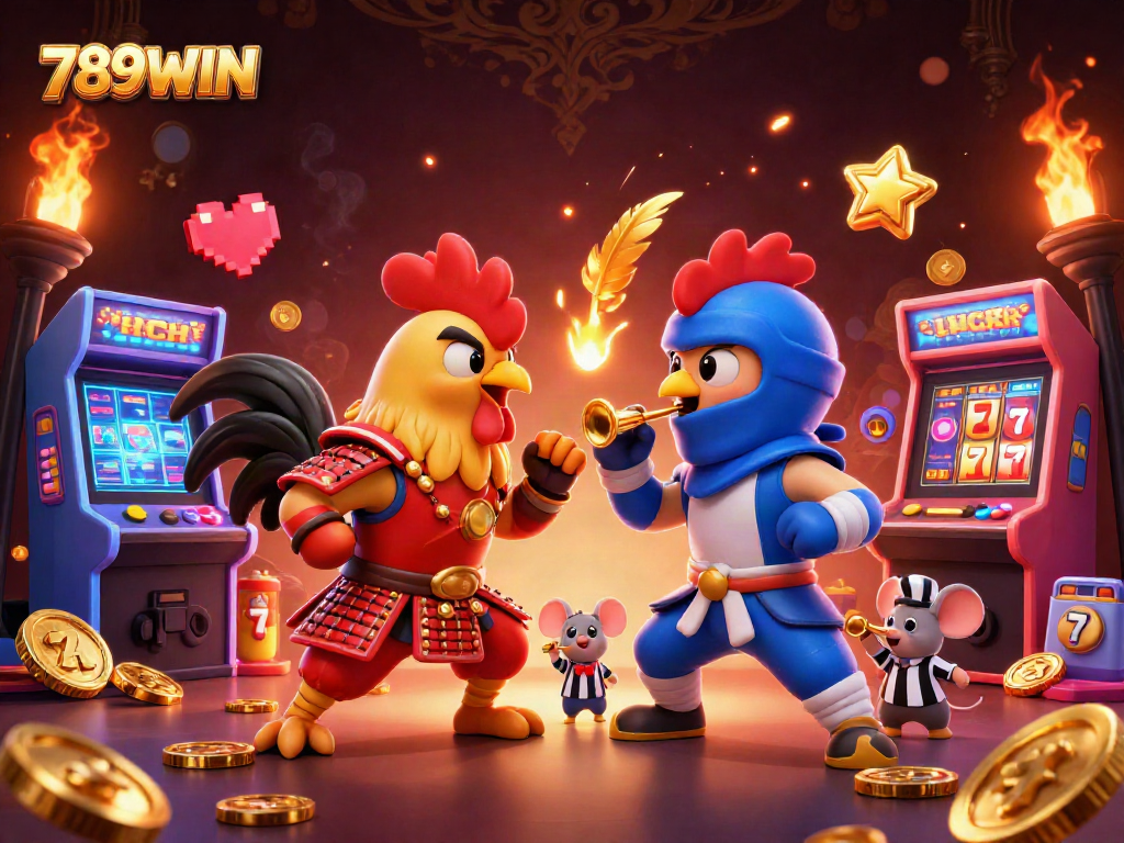 Betting strategy unfolds with 789WIN in an action-packed gaming scene of cockfighting roosters.