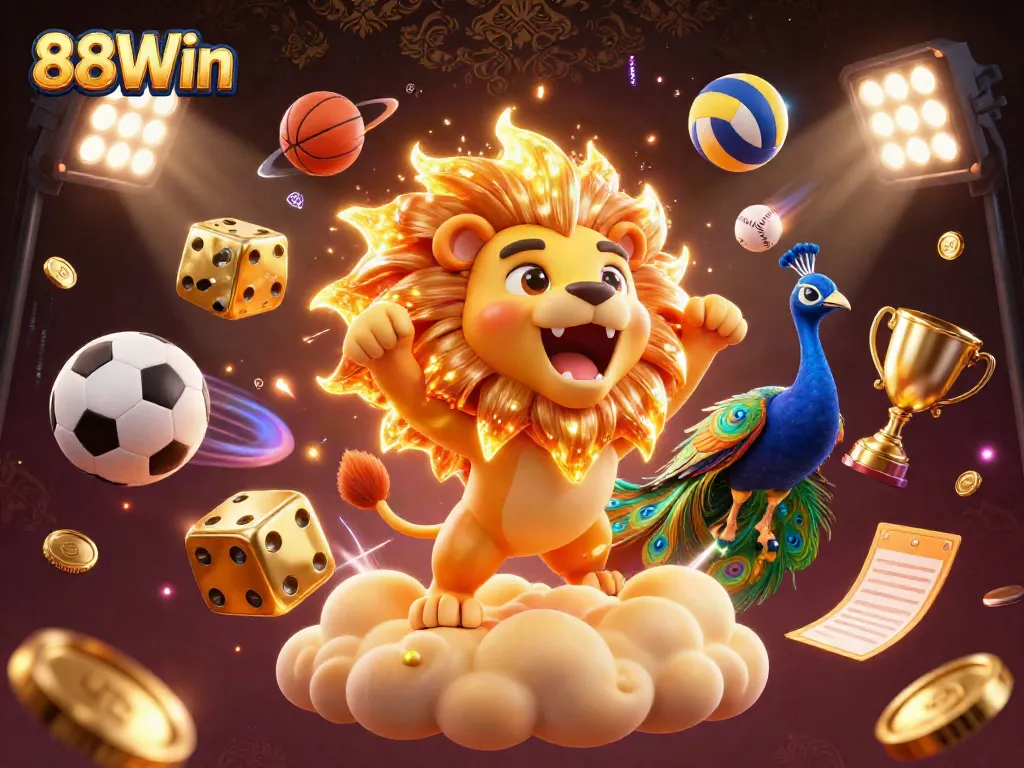 88Win features a powerful lion character on golden clouds, symbolizing victory in sports and gambling.