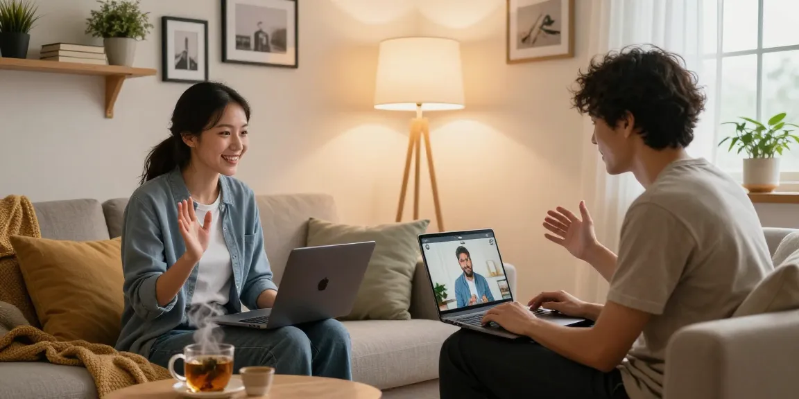 Engaging in ai sex chat on laptops in a cozy living room with warm lighting.