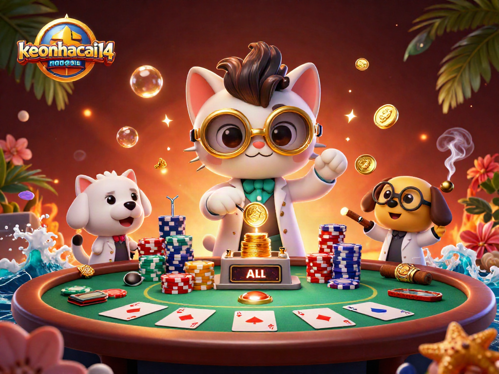 Join the action at keonhacai14 with a lively scene of a mad scientist cat and loyal dog at a poker table.