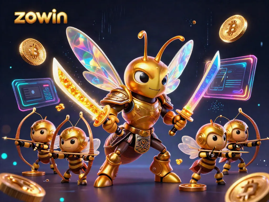 Engage with the thrilling world of Zowin through an exhilarating illustrated scene featuring a majestic hornet and crypto elements.