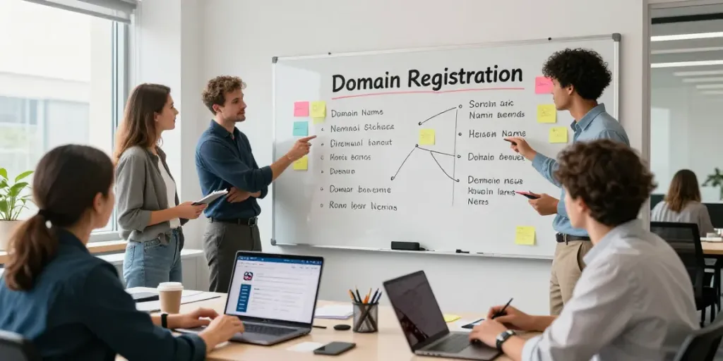 Team collaborating on domain name search UK strategies in a modern office.