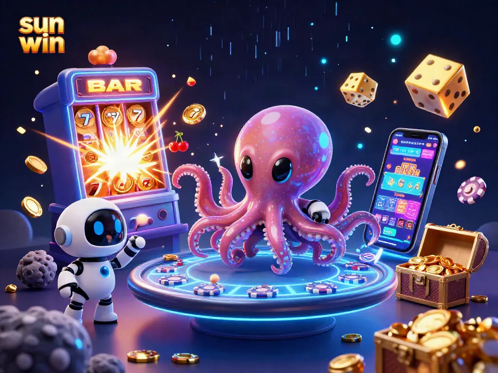 Experience winning thrills with sun win at a holographic poker table surrounded by dynamic casino elements.