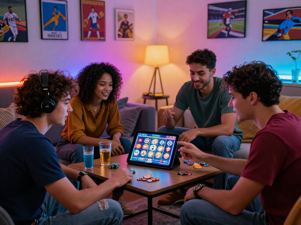 TK 1971 social gaming scene with friends around a tablet, enjoying online casino games.