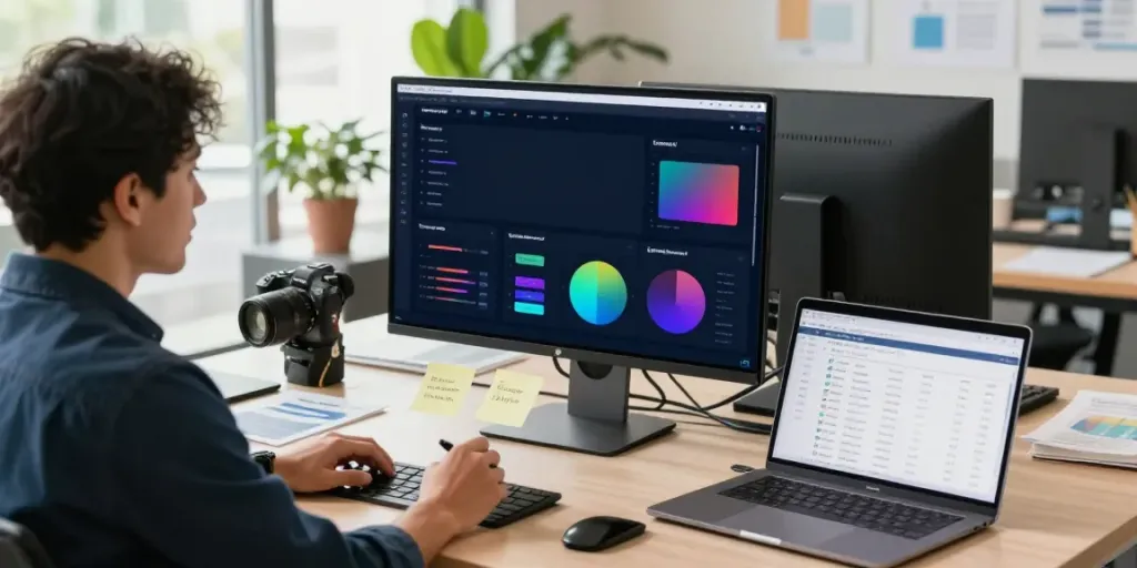 Content strategist analyzing SEO tools and web analytics for instant indexing strategies in a modern office.