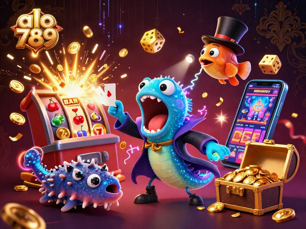 Experience the excitement at alo 789 with vibrant casino elements and entertaining characters in a rich, dynamic scene.