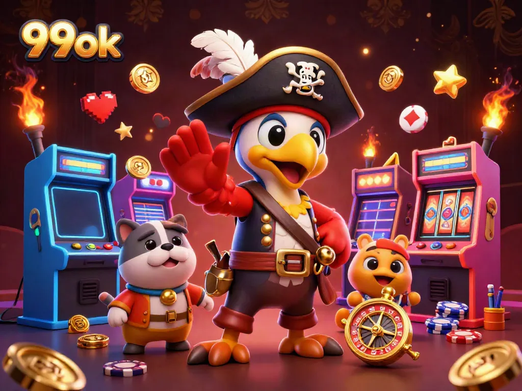 Engage in thrilling gameplay with 99ok's vibrant casino scene, featuring colorful characters and classic gaming elements.