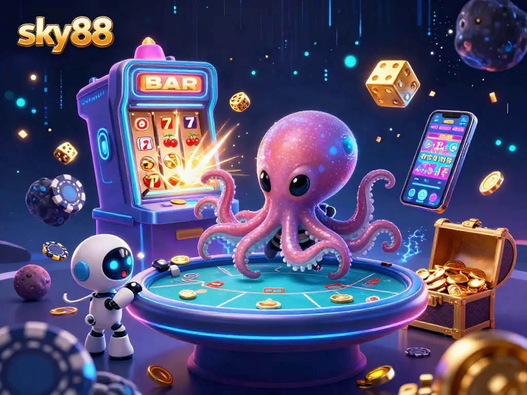 Experience casinos with sky88, featuring an alien octopus at a holographic poker table amidst vibrant gaming chaos.