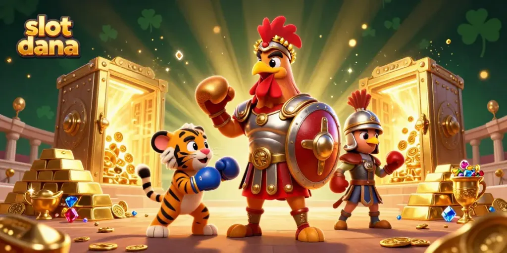 Experience the thrill of slot dana with a dynamic 3D illustration of a gladiator rooster in a vibrant arena.
