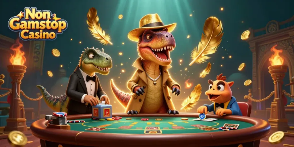 Enjoy a thrilling scene at a Non Gamstop Casino with animated characters and vibrant casino elements.
