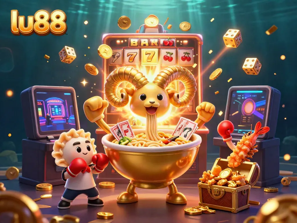 Experience the vibrant excitement of lu88 with a dynamic 3D illustration featuring a golden ramen bowl character amid a jackpot explosion.