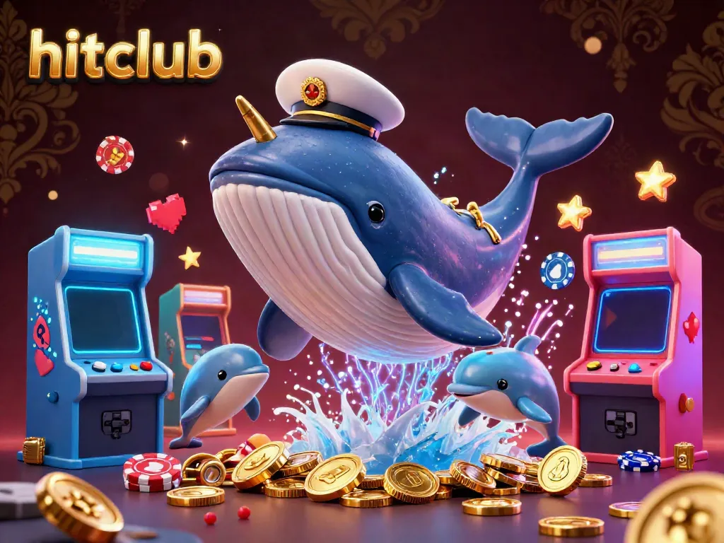 Hitclub showcases an engaging scene with a whale and dolphins among colorful gaming elements in a vibrant casino atmosphere.