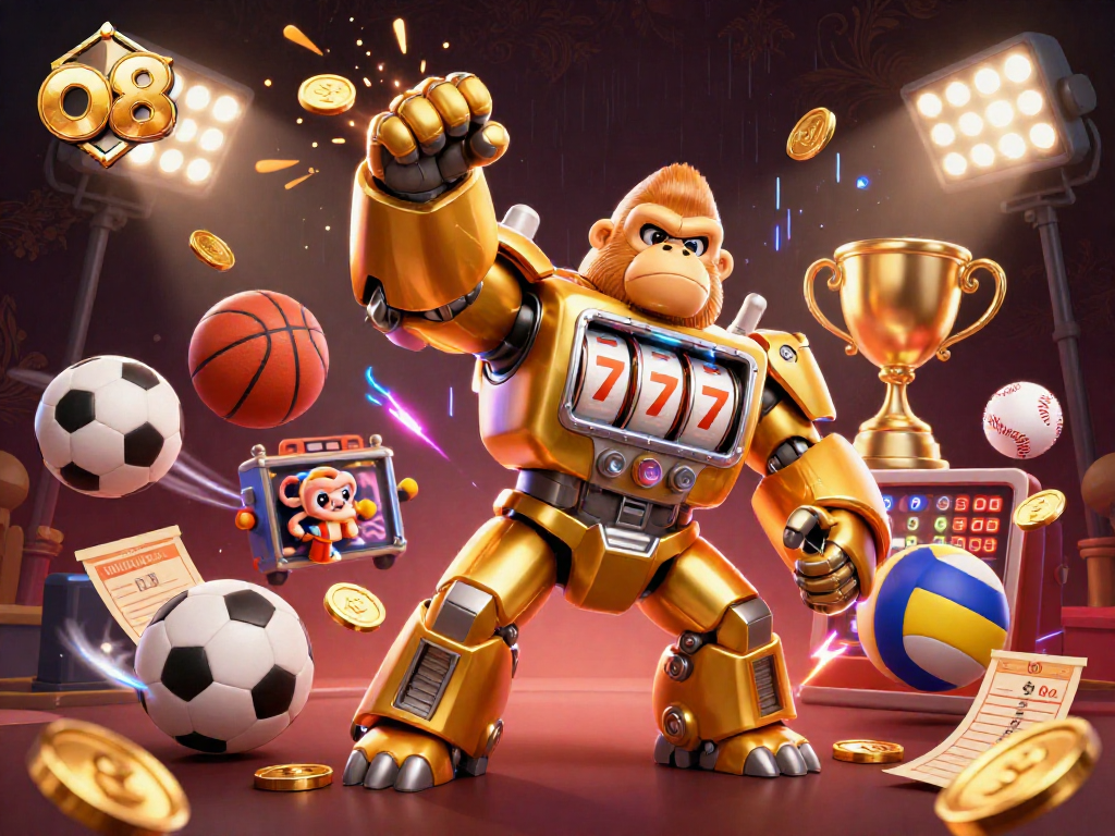 Place bets at o8 with dynamic sports action and golden winning symbols in vibrant 3D illustration.