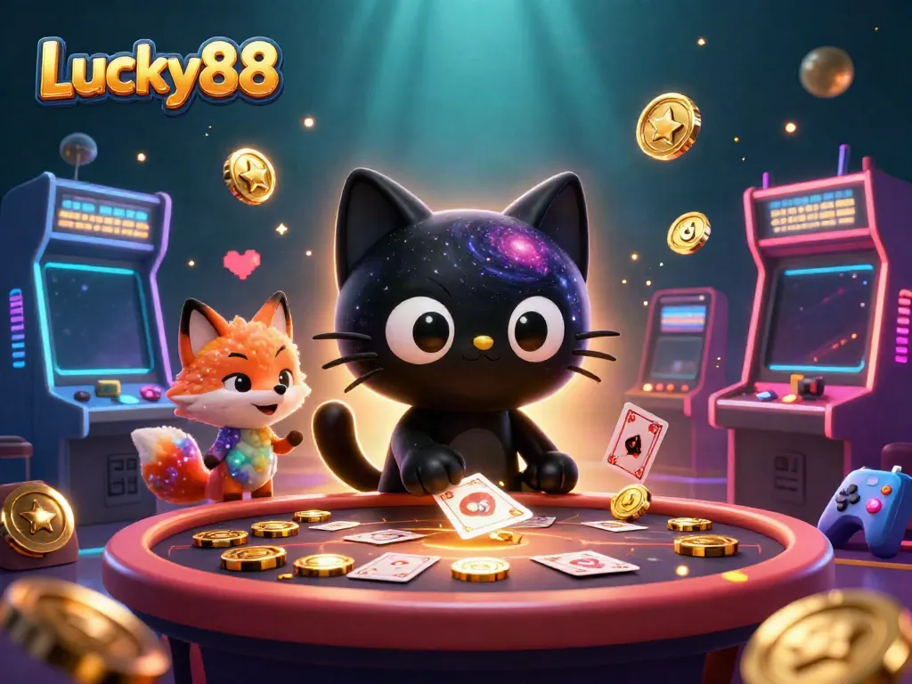 Engage with Lucky88 in a vibrant casino scene featuring cartoon characters, cosmic elements, and colorful game displays.