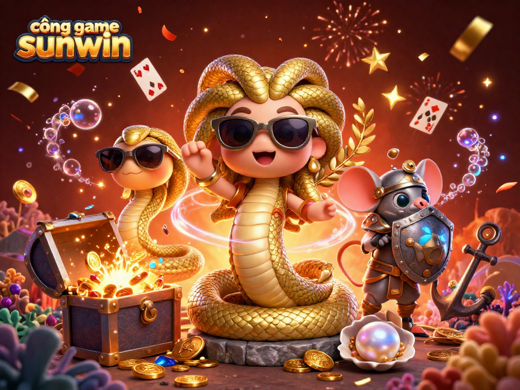 Engage in cổng game sunwin with vibrant 3D characters surrounded by dynamic casino elements.