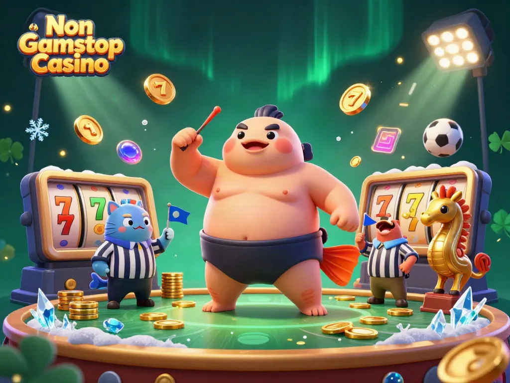 Experience exciting gaming at a Non Gamstop Casino with engaging slot reels, a dynamic underwater scene featuring friendly fugu and catfish.