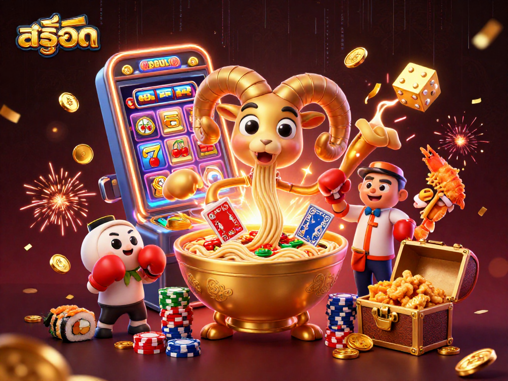 Experience thrilling สล็อต gameplay with a golden ramen bowl character dealing cards and jackpot symbols!