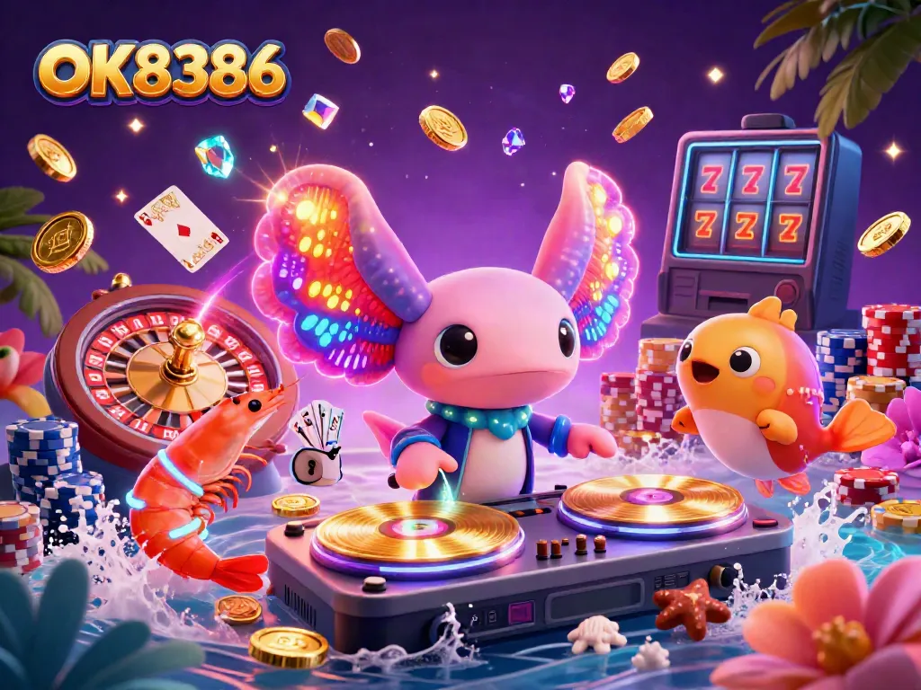 Experience the vibrant energy of OK8386's casino world with a neon axolotl DJ, dancing shrimp, and high-spirited gaming elements.