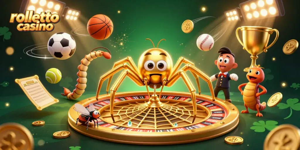 Experience thrilling bets at rolletto casino with a cartoon spider, fly, and centipede amidst vibrant game elements.
