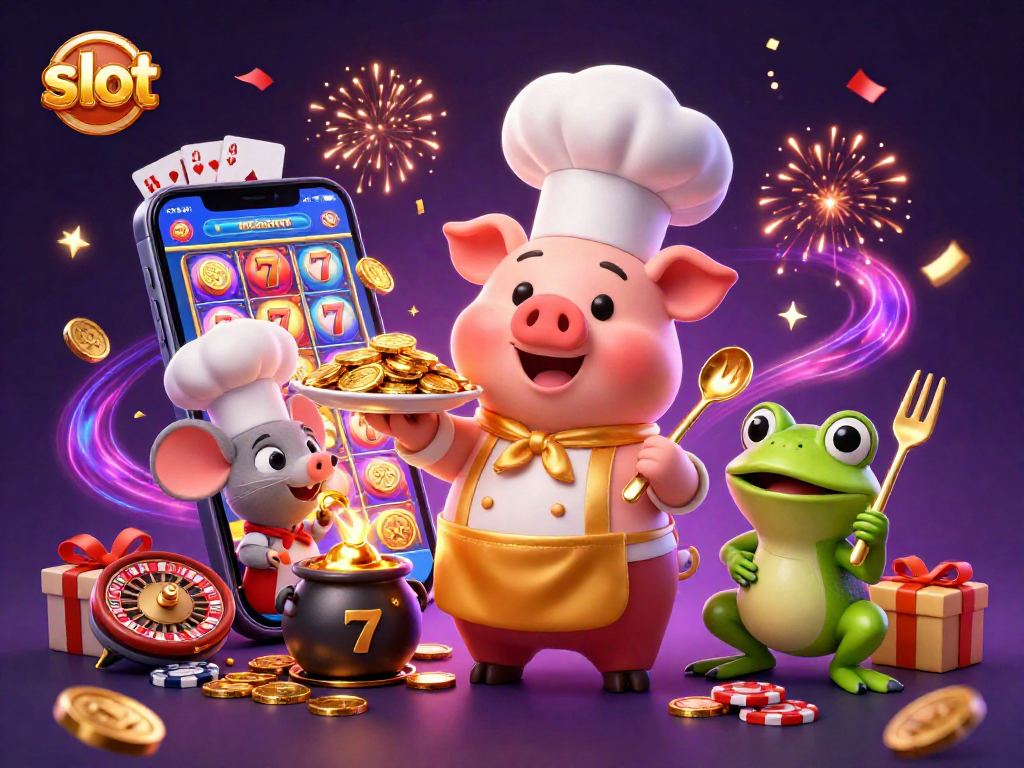 Experience excitement with slot games as a cartoon pig chef serves gold coins, surrounded by gaming symbols.