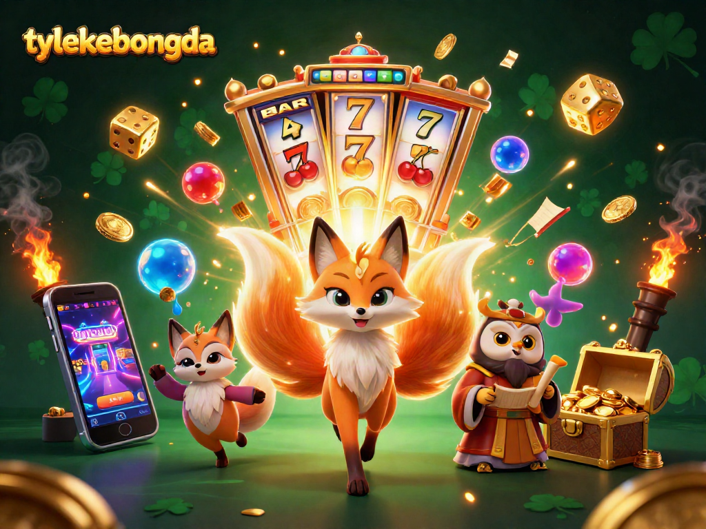 Engage with tylekeobongda's vibrant 3D illustration showcasing slots, mystical characters, and jackpots.