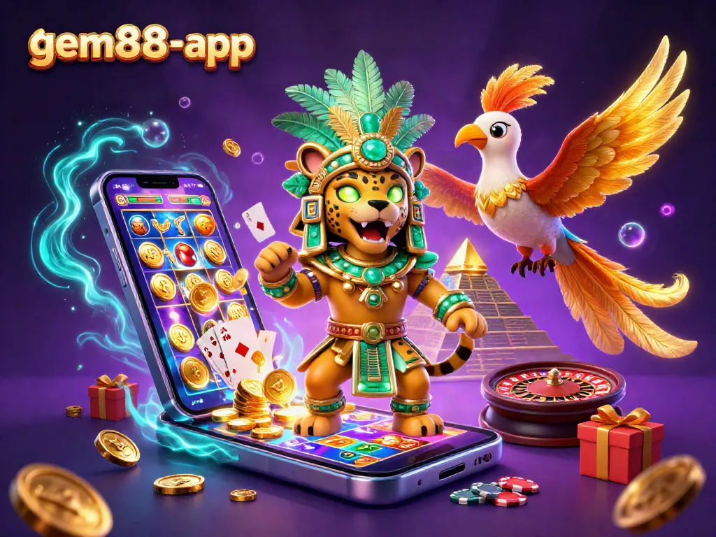 Experience gem88-app with vibrant slot games and Mayan-inspired characters in an electrifying casino scene.