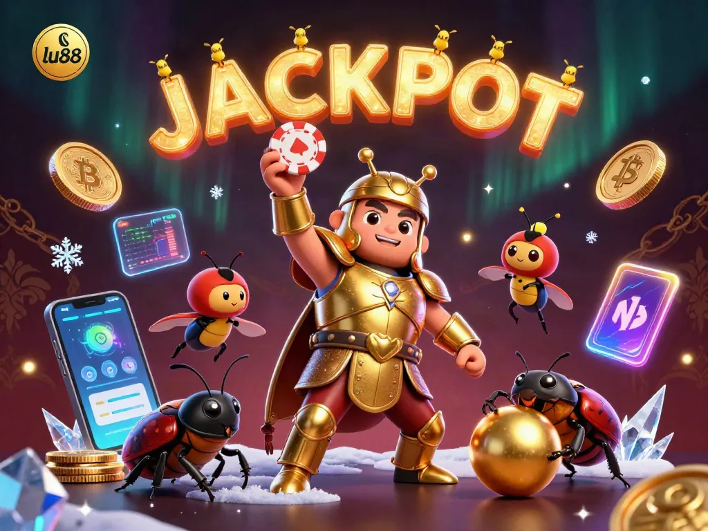 lu88 offers thrilling casino experiences with a heroic beetle celebrating a jackpot victory.