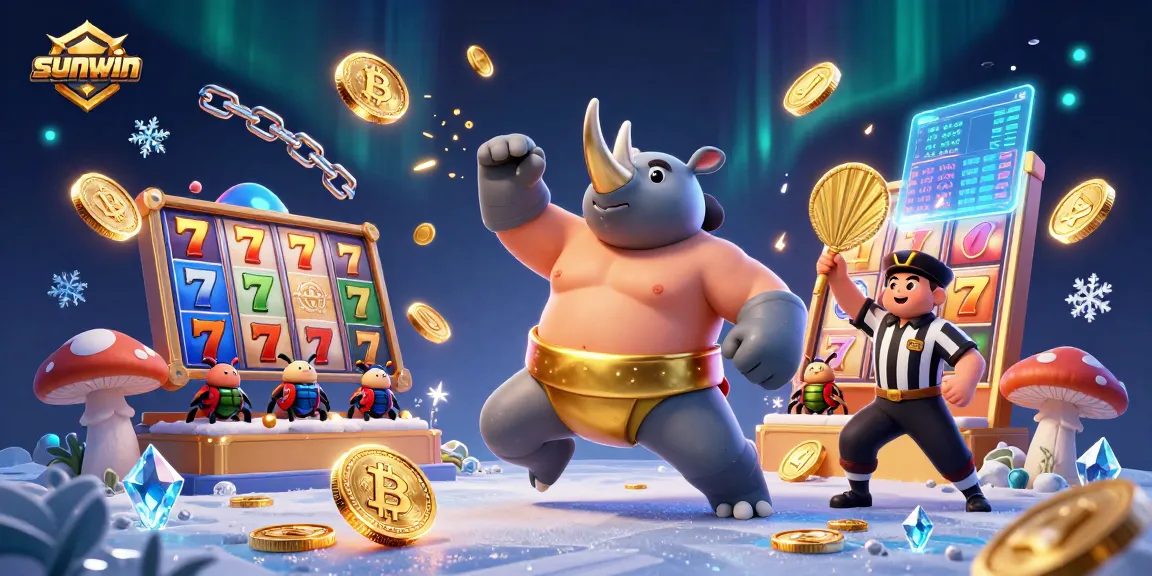 Engage in thrilling gameplay with sunwin as a sumo champion beetle wins big, surrounded by slot symbols.
