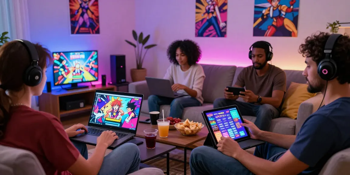 Adult gamers enjoying ecchi game online in a cozy living room with vibrant lighting and interactive devices.