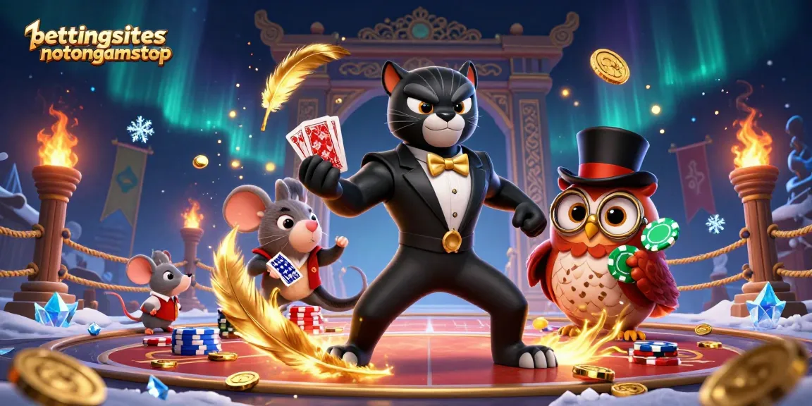 Engage with the best betting sites not on GamStop, featuring vibrant cartoon characters and dynamic casino elements.