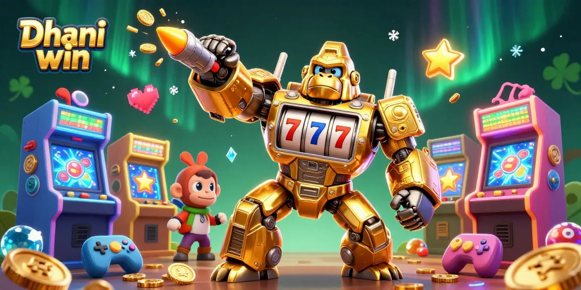 Dhani win gorilla mech triumphantly punches upward, surrounded by arcade games and coins.
