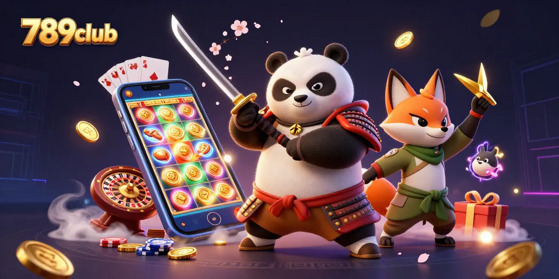 Engage with interactive 789club gaming elements featuring a dynamic samurai panda, ninja fox, and magical tanuki.